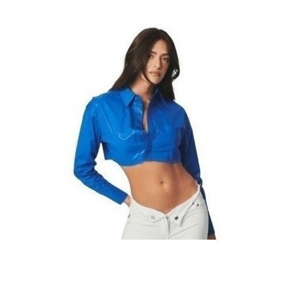 SER.O.YA Chi Wax Coated Button Down Shirt Jacket Royal Blue‎ Crop M